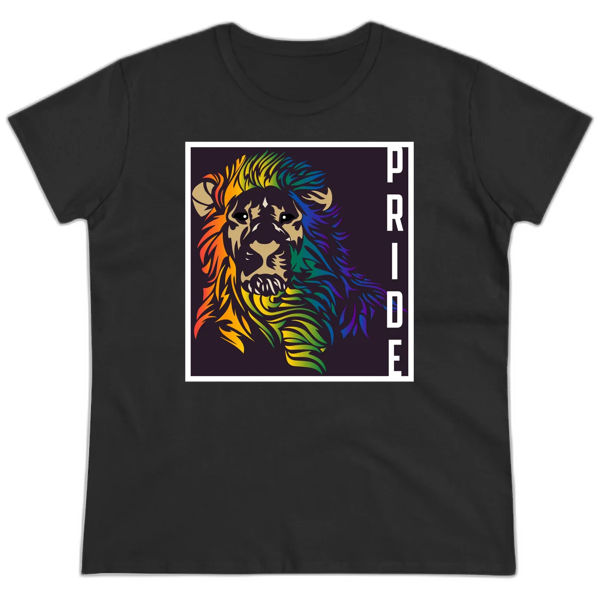 Rainbow pride lion with vibrant gradient mane in orange, yellow, green, blue and purple, with PRIDE text on dark background in Black