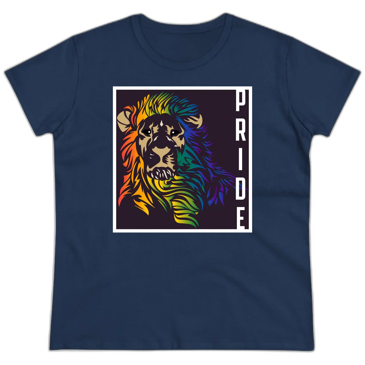 Rainbow pride lion with vibrant gradient mane in orange, yellow, green, blue and purple, with PRIDE text on dark background in Navy