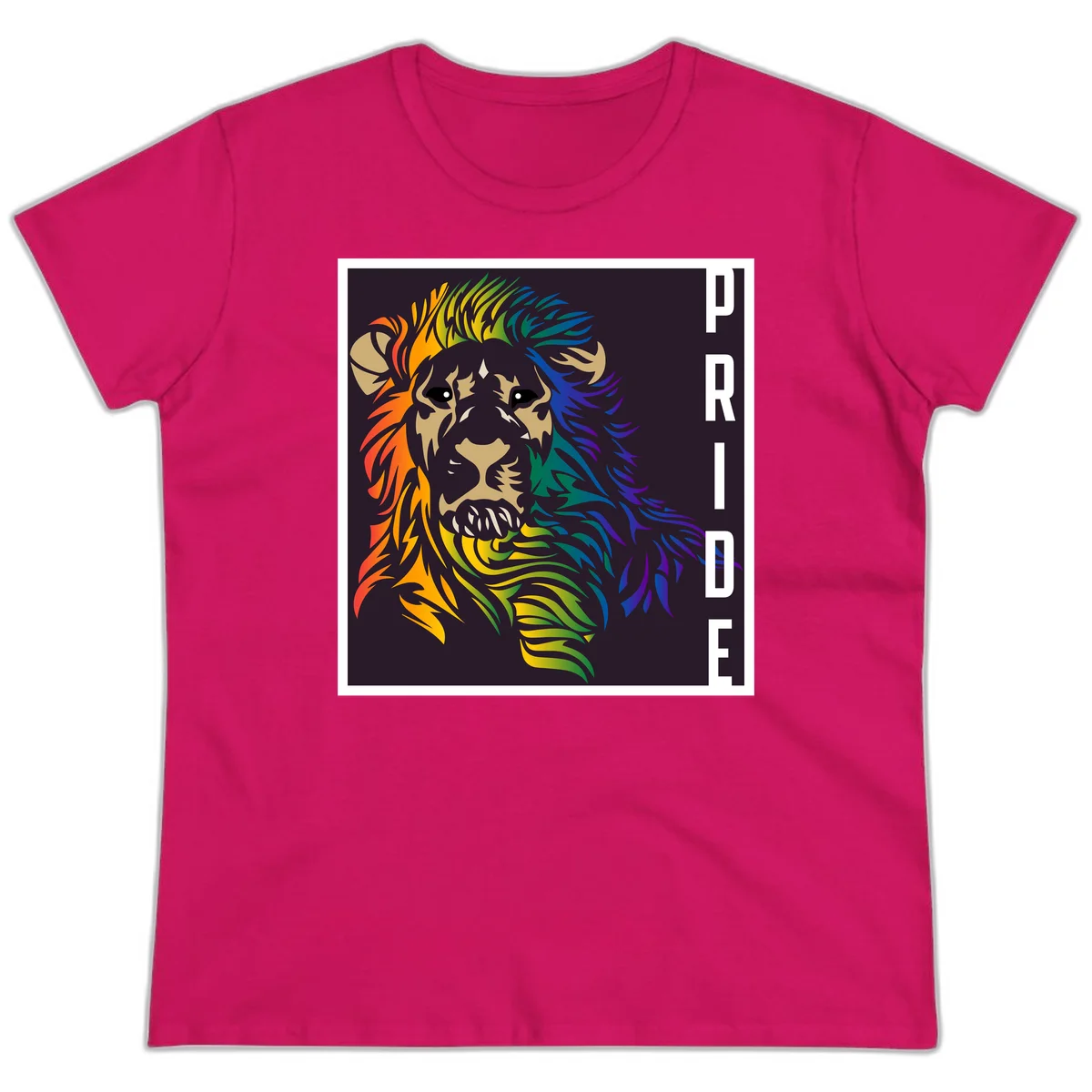 Rainbow pride lion with vibrant gradient mane in orange, yellow, green, blue and purple, with PRIDE text on dark background in Heliconia