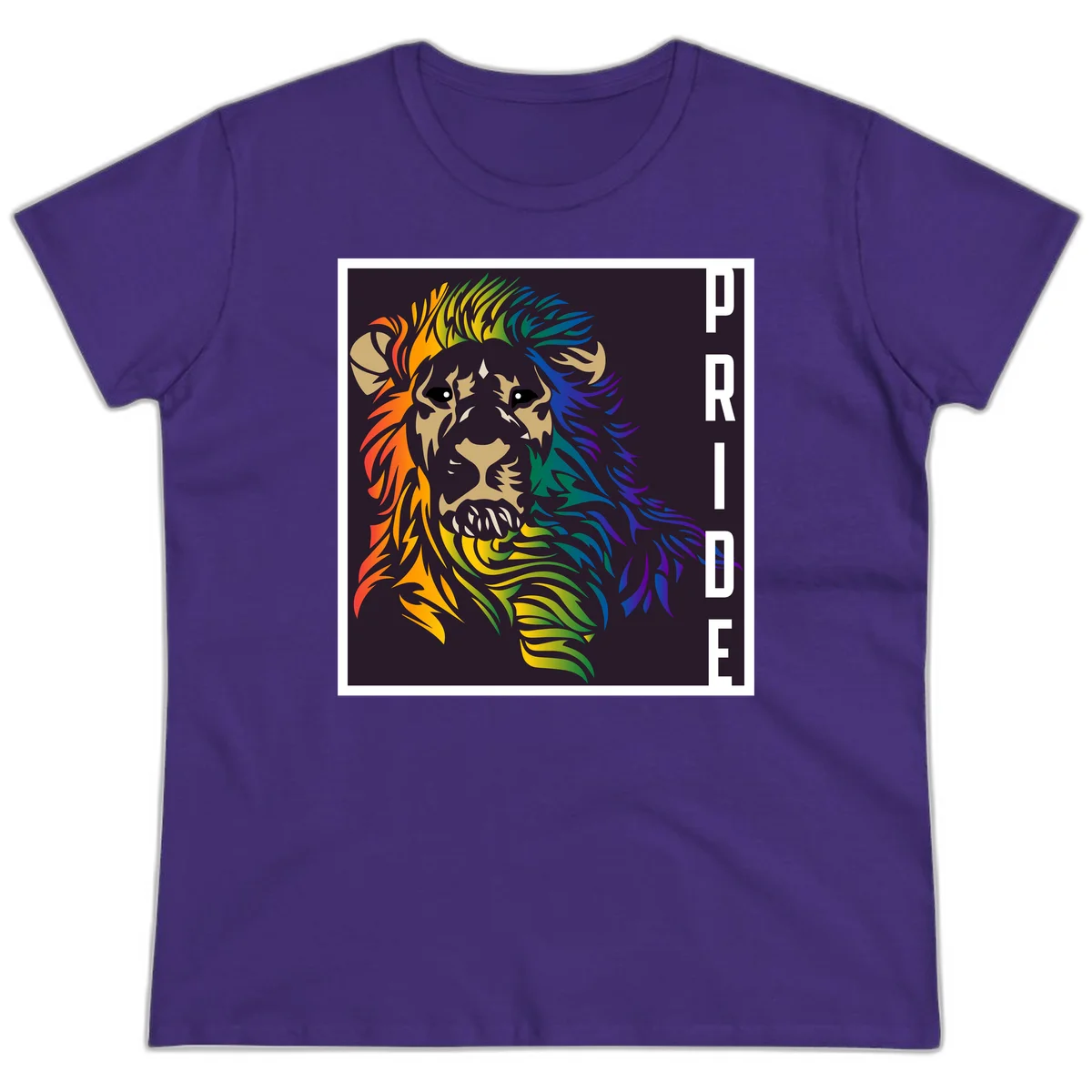 Rainbow pride lion with vibrant gradient mane in orange, yellow, green, blue and purple, with PRIDE text on dark background in Purple