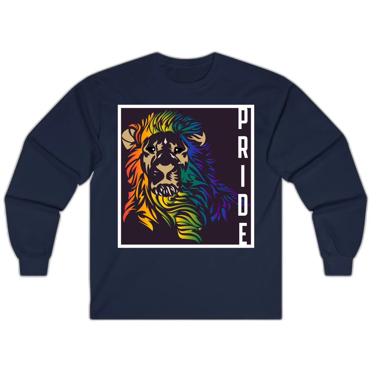 Rainbow pride lion with vibrant gradient mane in orange, yellow, green, blue and purple, with PRIDE text on dark background in Navy