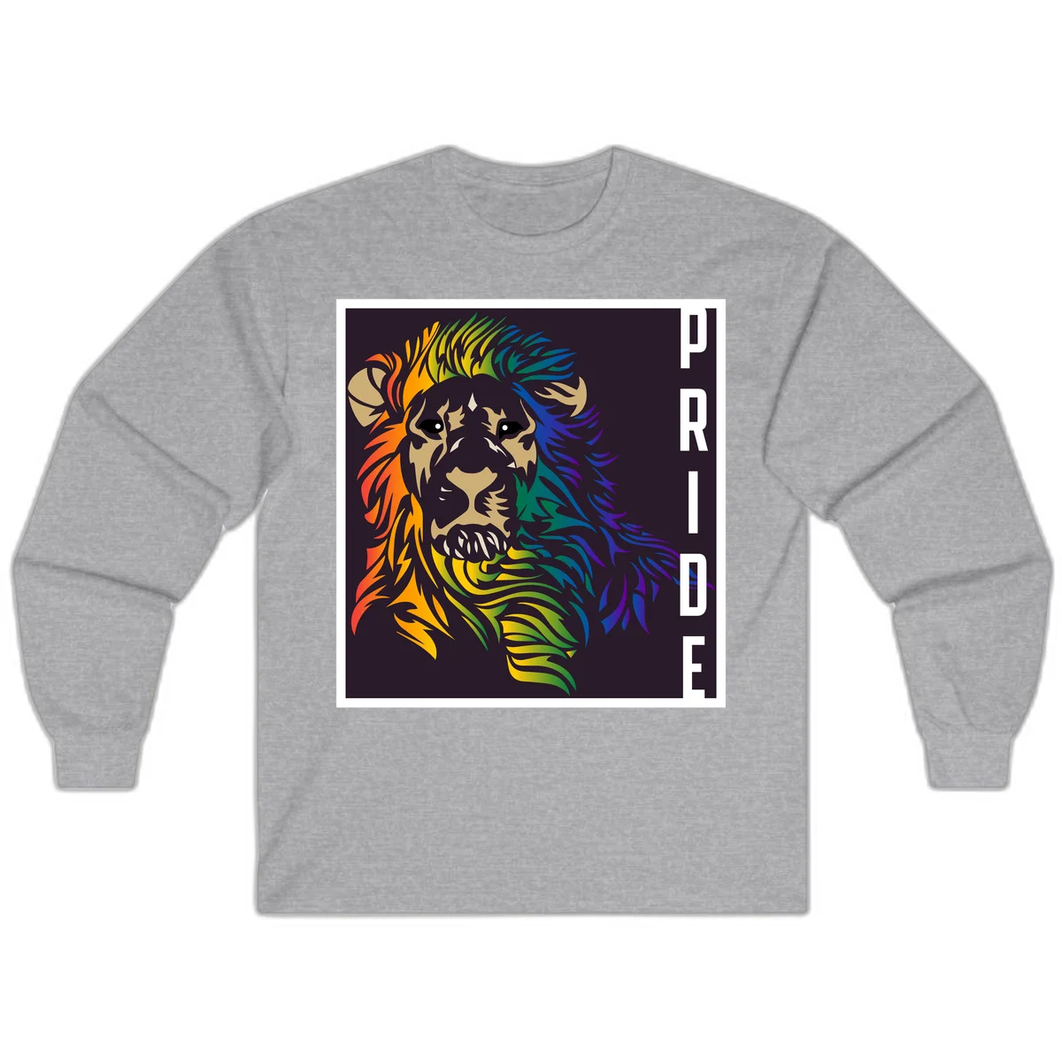 Rainbow pride lion with vibrant gradient mane in orange, yellow, green, blue and purple, with PRIDE text on dark background in Sport Grey