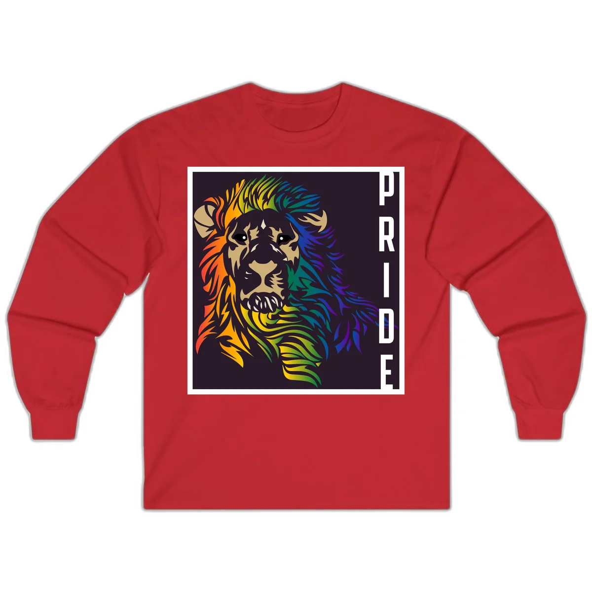 Rainbow pride lion with vibrant gradient mane in orange, yellow, green, blue and purple, with PRIDE text on dark background in Red