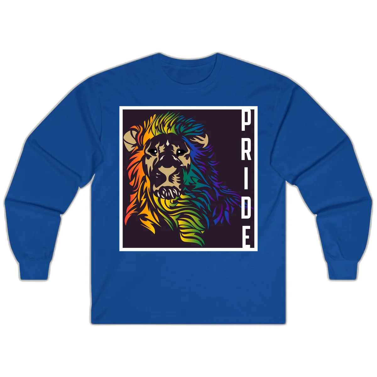 Rainbow pride lion with vibrant gradient mane in orange, yellow, green, blue and purple, with PRIDE text on dark background in Royal