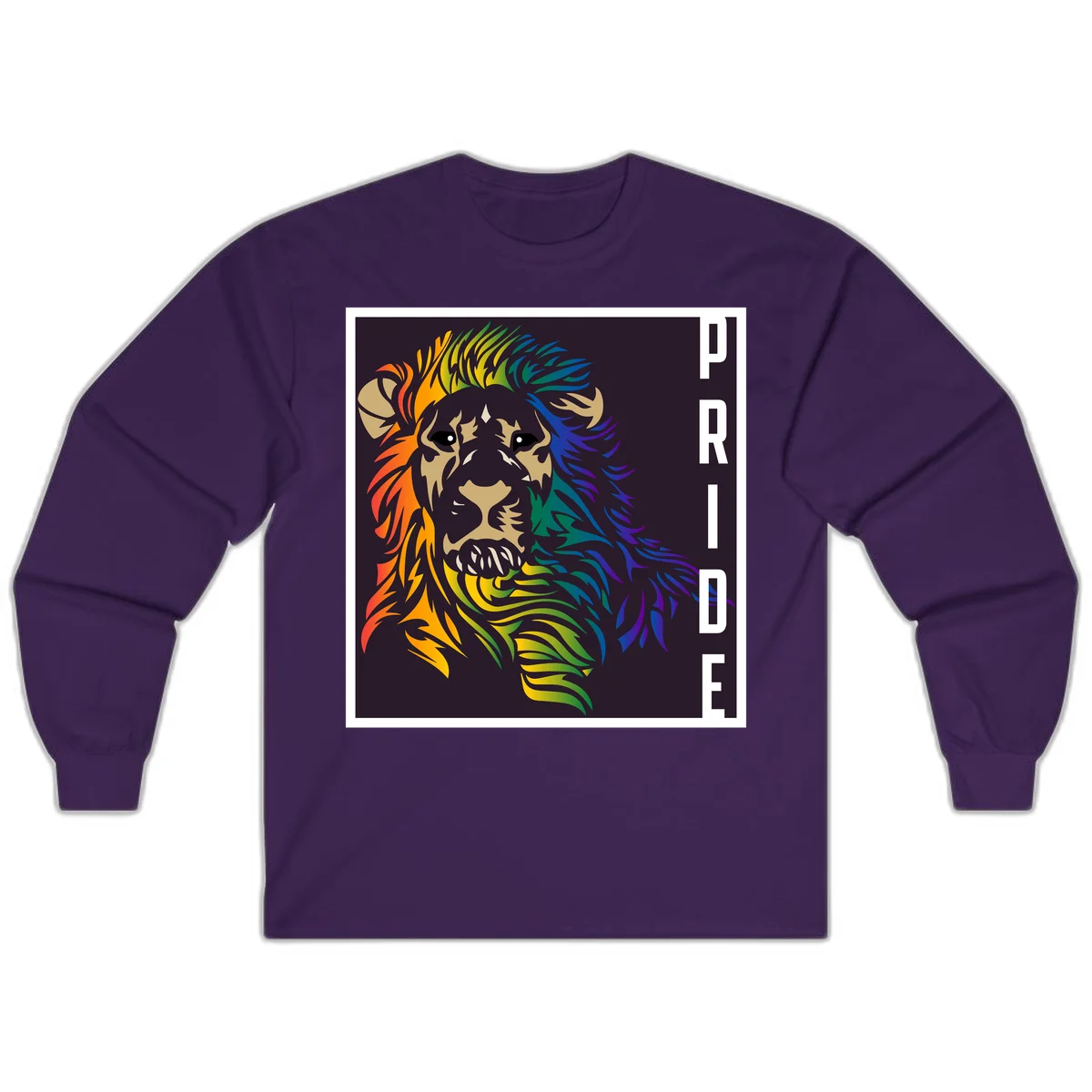 Rainbow pride lion with vibrant gradient mane in orange, yellow, green, blue and purple, with PRIDE text on dark background in Purple