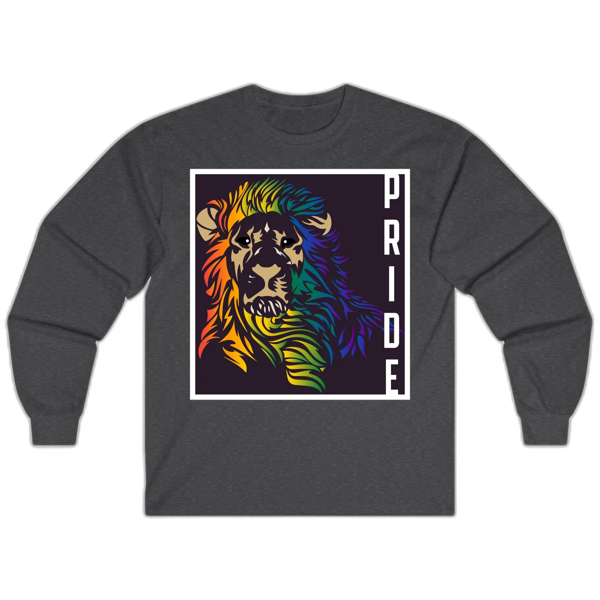 Rainbow pride lion with vibrant gradient mane in orange, yellow, green, blue and purple, with PRIDE text on dark background in Dark Heather