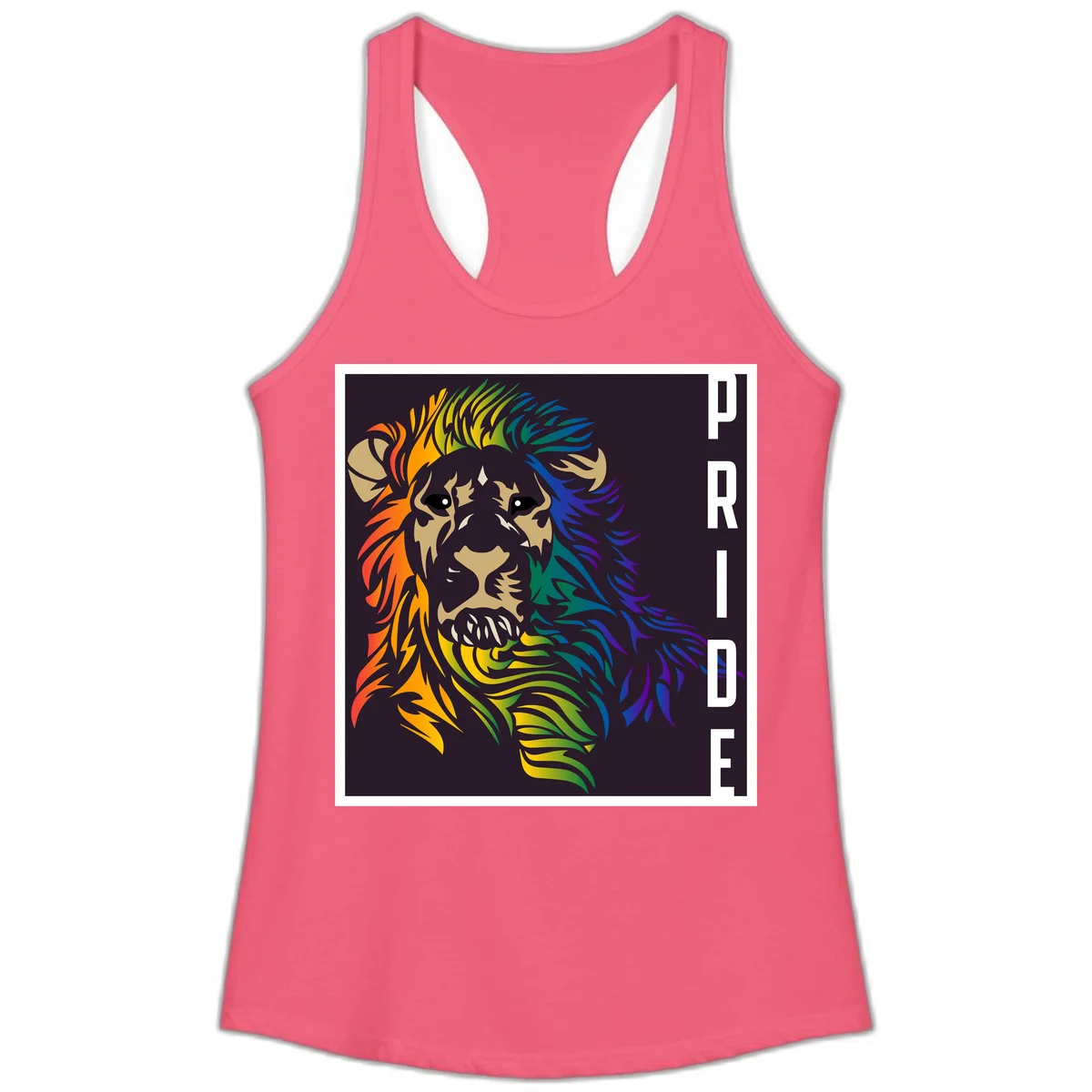 Rainbow pride lion with vibrant gradient mane in orange, yellow, green, blue and purple, with PRIDE text on dark background in Hot Pink