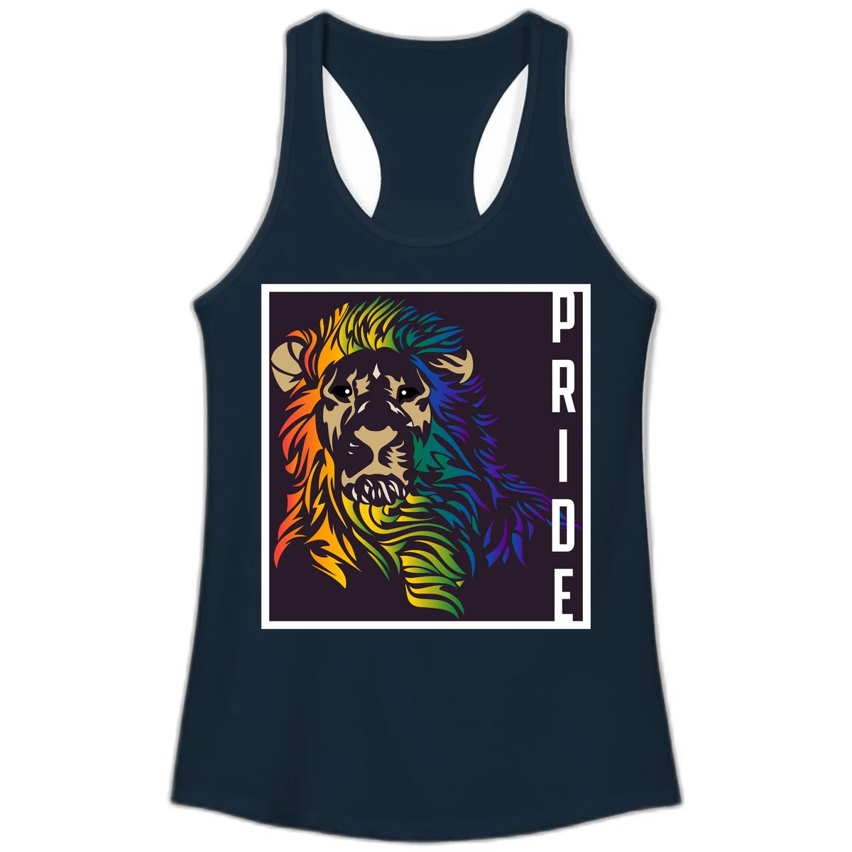 Rainbow pride lion with vibrant gradient mane in orange, yellow, green, blue and purple, with PRIDE text on dark background in Solid Midnight Navy