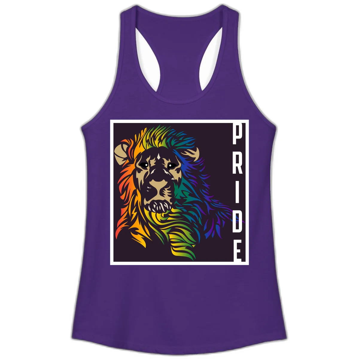 Rainbow pride lion with vibrant gradient mane in orange, yellow, green, blue and purple, with PRIDE text on dark background in Solid Purple Rush