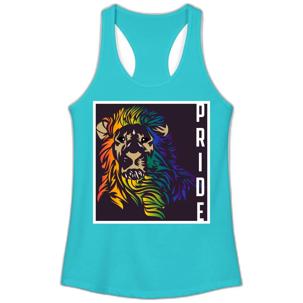 Rainbow pride lion with vibrant gradient mane in orange, yellow, green, blue and purple, with PRIDE text on dark background in Solid Tahiti Blue