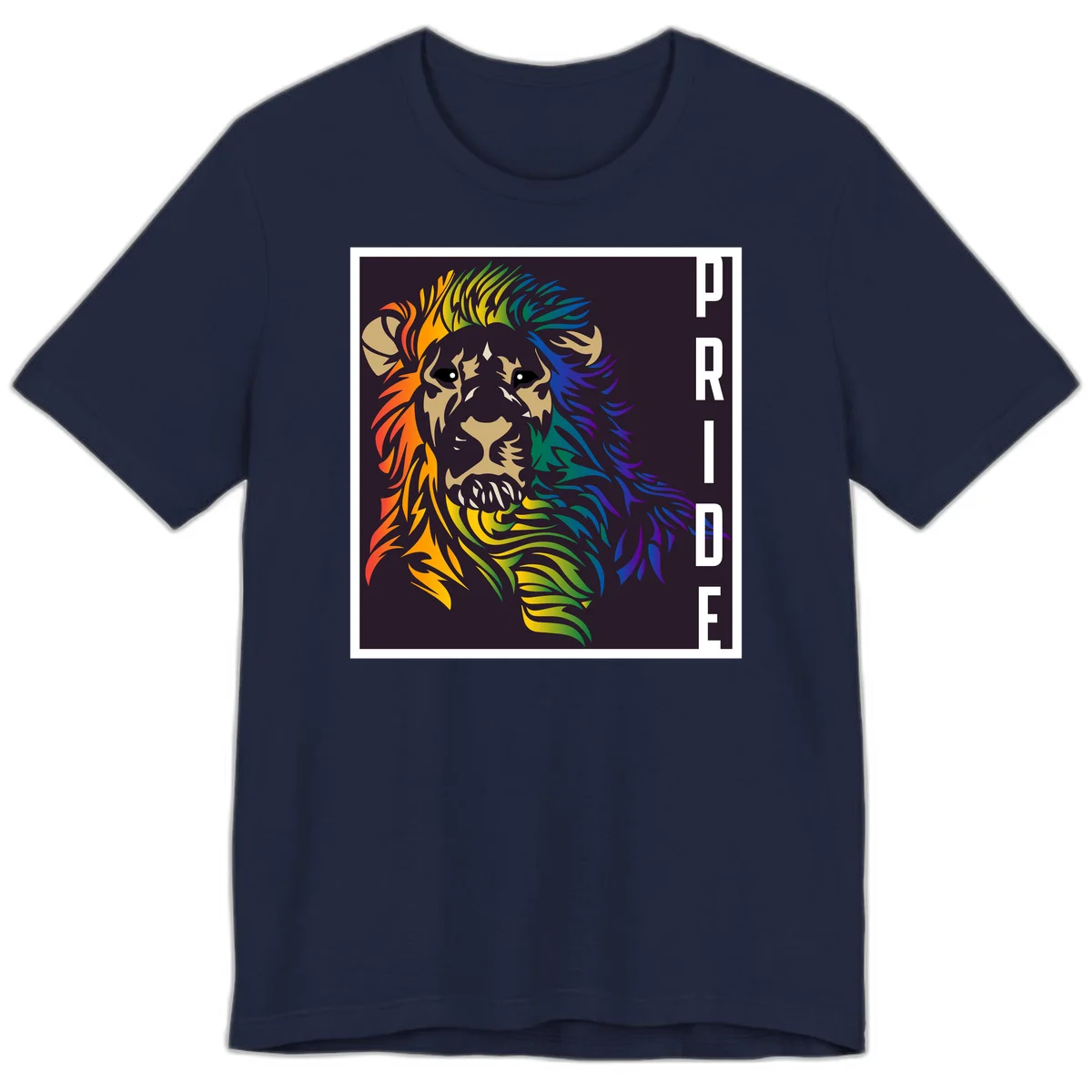 Rainbow pride lion with vibrant gradient mane in orange, yellow, green, blue and purple, with PRIDE text on dark background in Navy