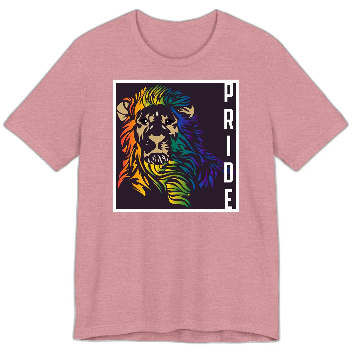 Rainbow pride lion with vibrant gradient mane in orange, yellow, green, blue and purple, with PRIDE text on dark background in Heather Orchid