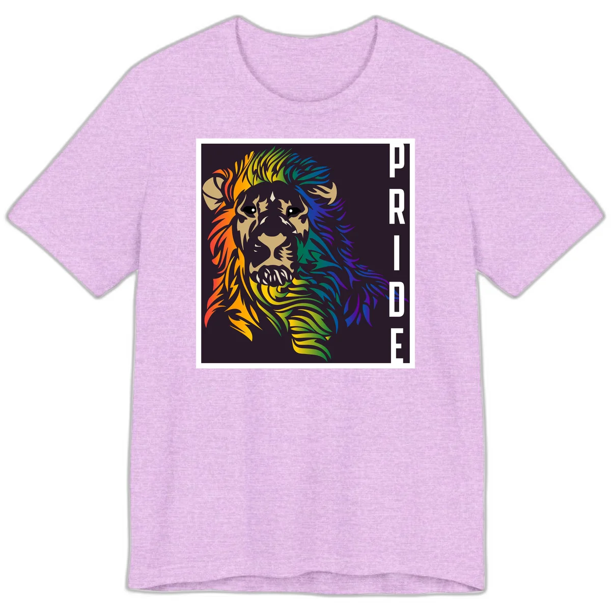 Rainbow pride lion with vibrant gradient mane in orange, yellow, green, blue and purple, with PRIDE text on dark background in Heather Prism Lilac