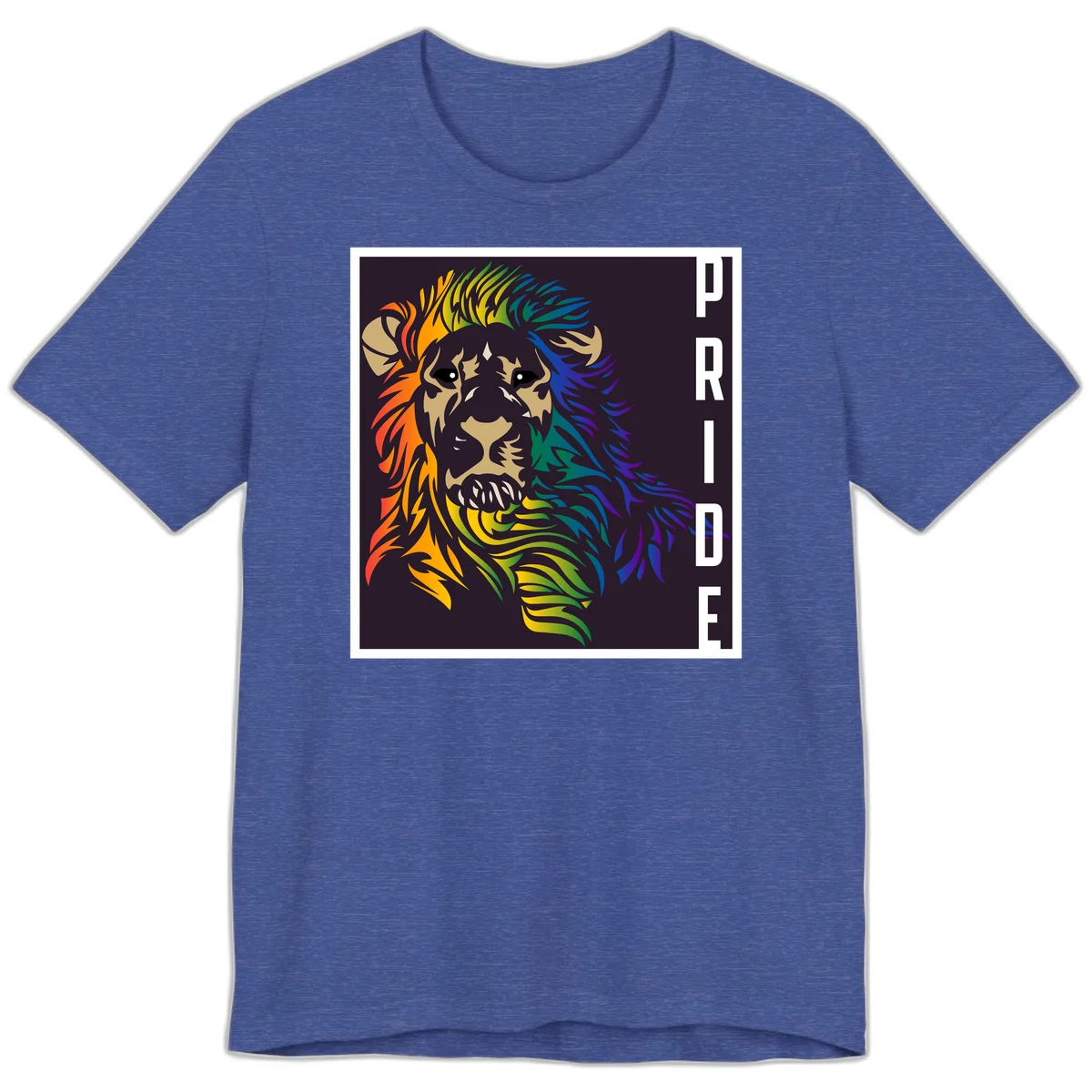 Rainbow pride lion with vibrant gradient mane in orange, yellow, green, blue and purple, with PRIDE text on dark background in Heather True Royal