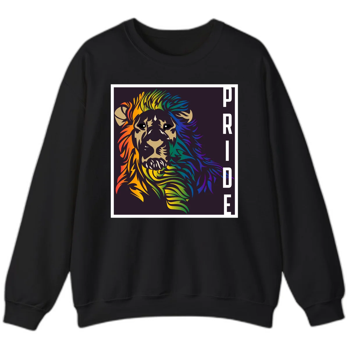 Rainbow pride lion with vibrant gradient mane in orange, yellow, green, blue and purple, with PRIDE text on dark background in Black