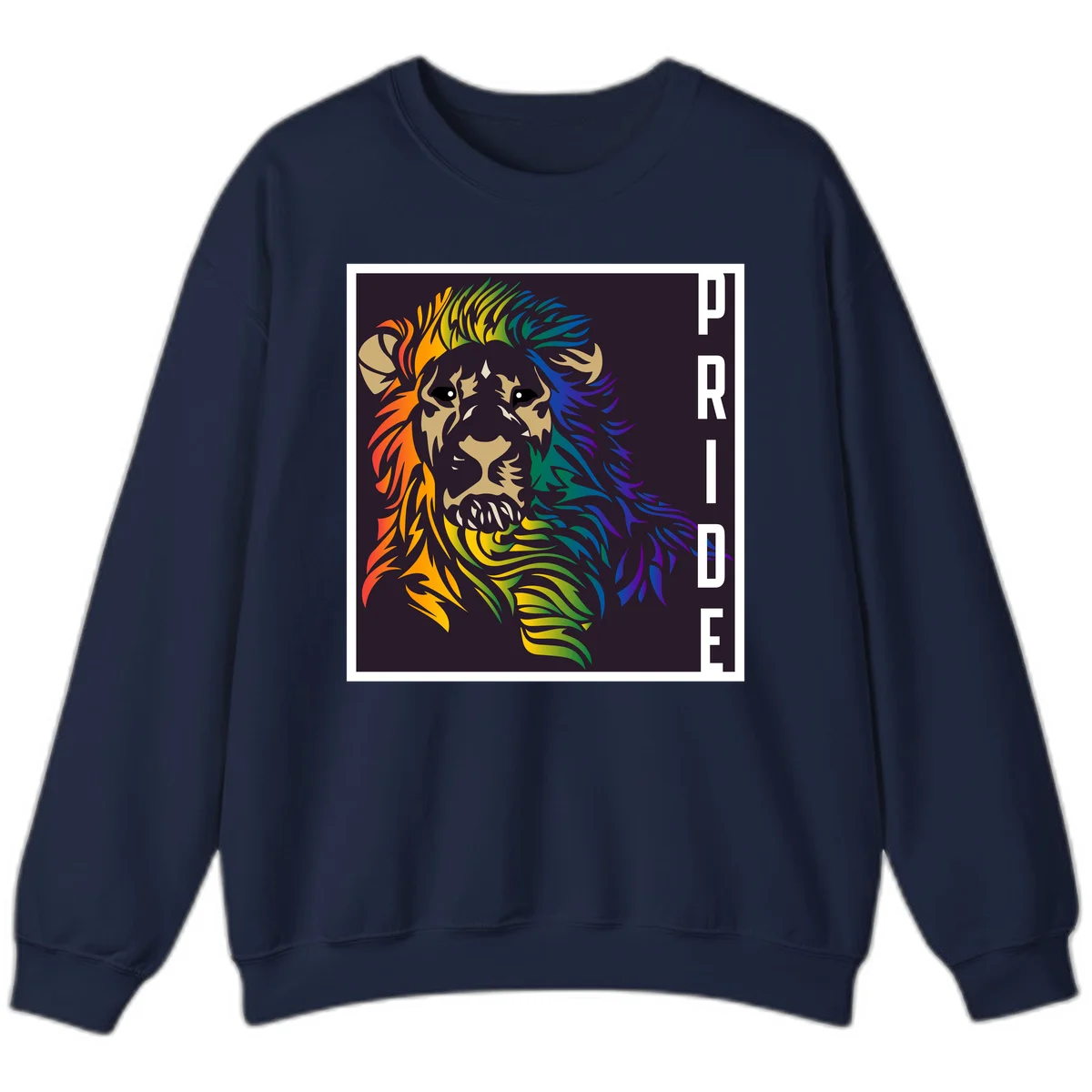 Rainbow pride lion with vibrant gradient mane in orange, yellow, green, blue and purple, with PRIDE text on dark background in Navy
