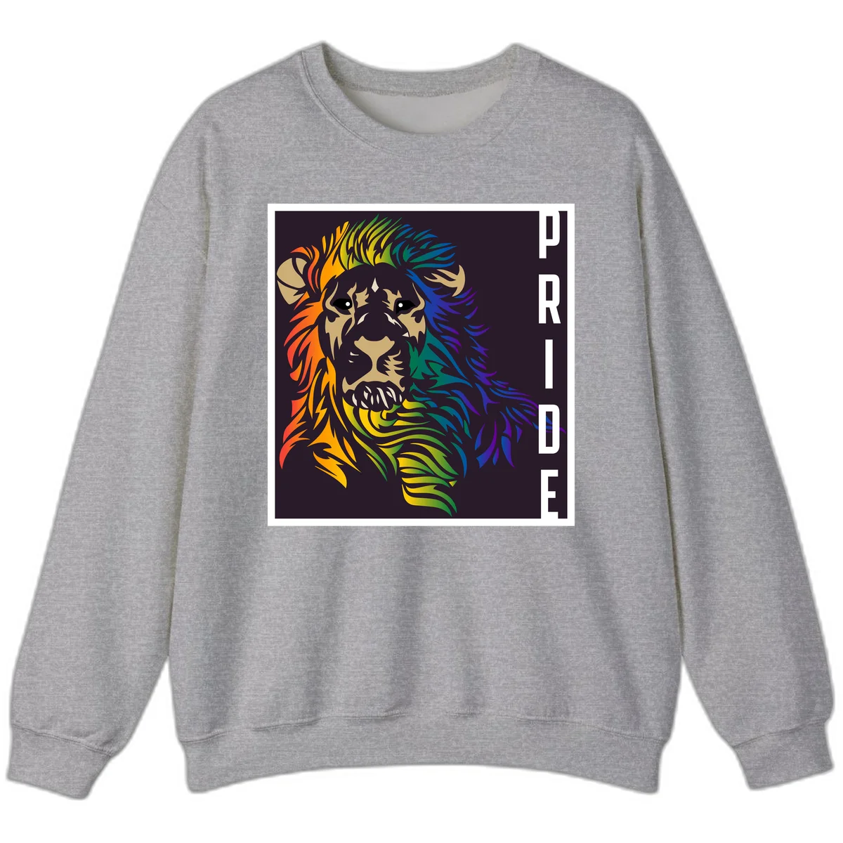 Rainbow pride lion with vibrant gradient mane in orange, yellow, green, blue and purple, with PRIDE text on dark background in Sport Grey