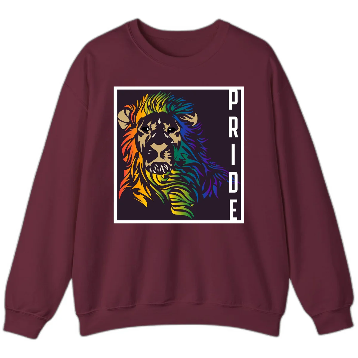 Rainbow pride lion with vibrant gradient mane in orange, yellow, green, blue and purple, with PRIDE text on dark background in Maroon