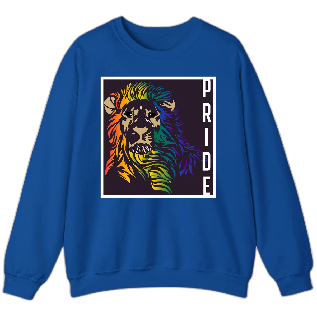 Rainbow pride lion with vibrant gradient mane in orange, yellow, green, blue and purple, with PRIDE text on dark background in Royal