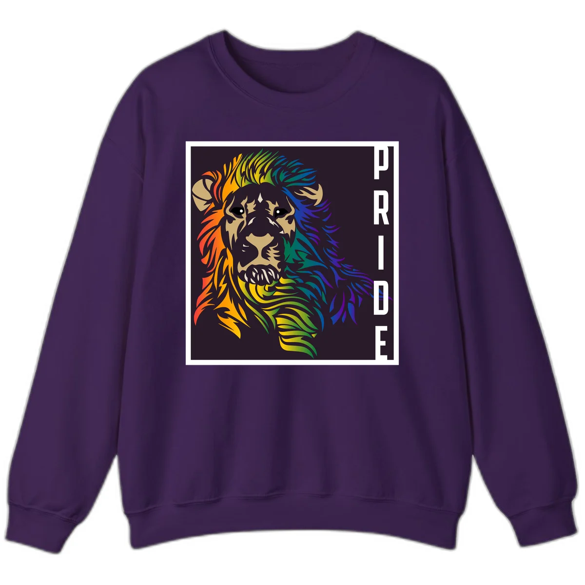 Rainbow pride lion with vibrant gradient mane in orange, yellow, green, blue and purple, with PRIDE text on dark background in Purple