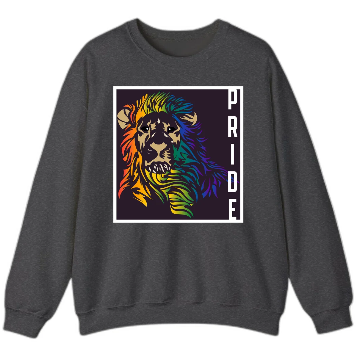 Rainbow pride lion with vibrant gradient mane in orange, yellow, green, blue and purple, with PRIDE text on dark background in Dark Heather