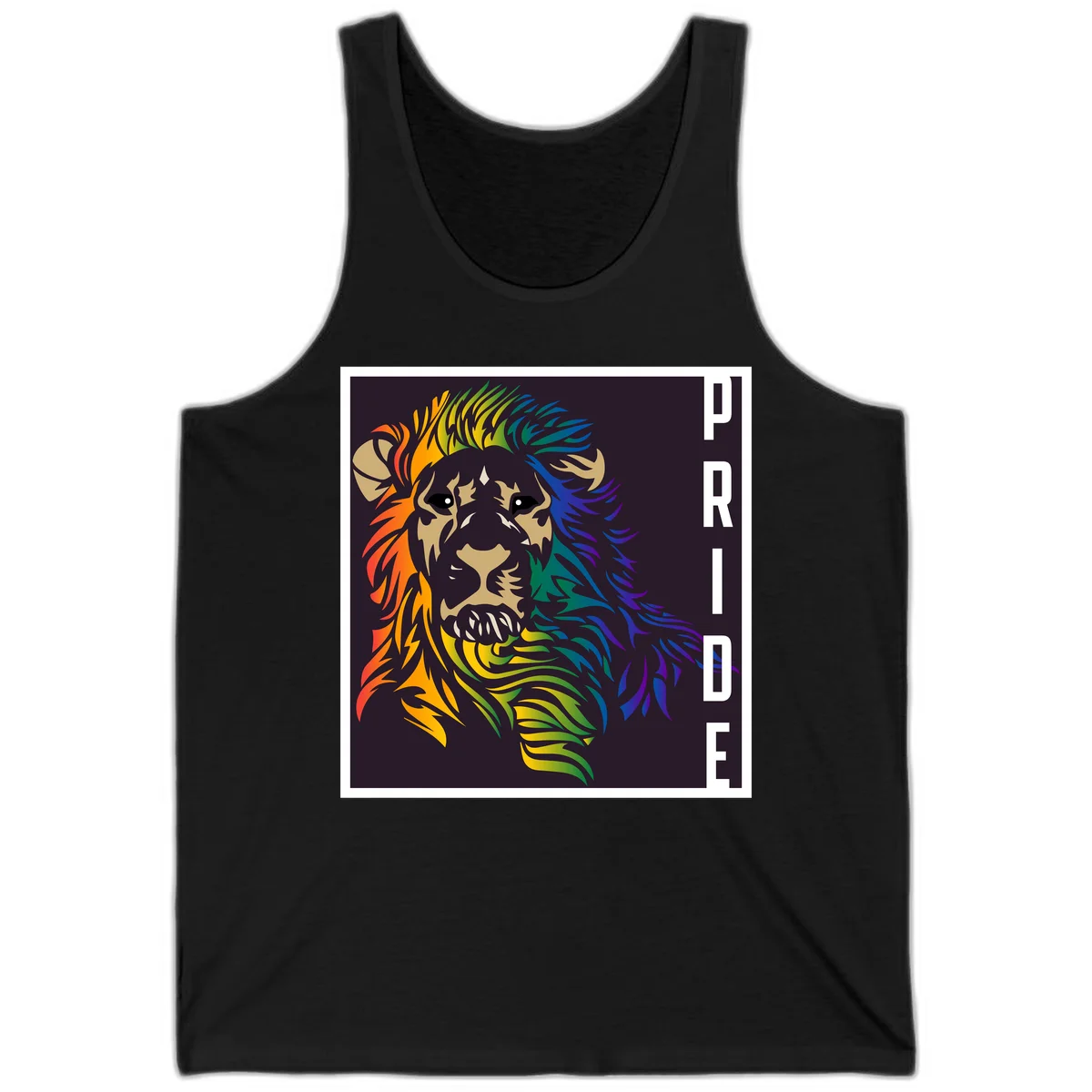 Rainbow pride lion with vibrant gradient mane in orange, yellow, green, blue and purple, with PRIDE text on dark background in Black