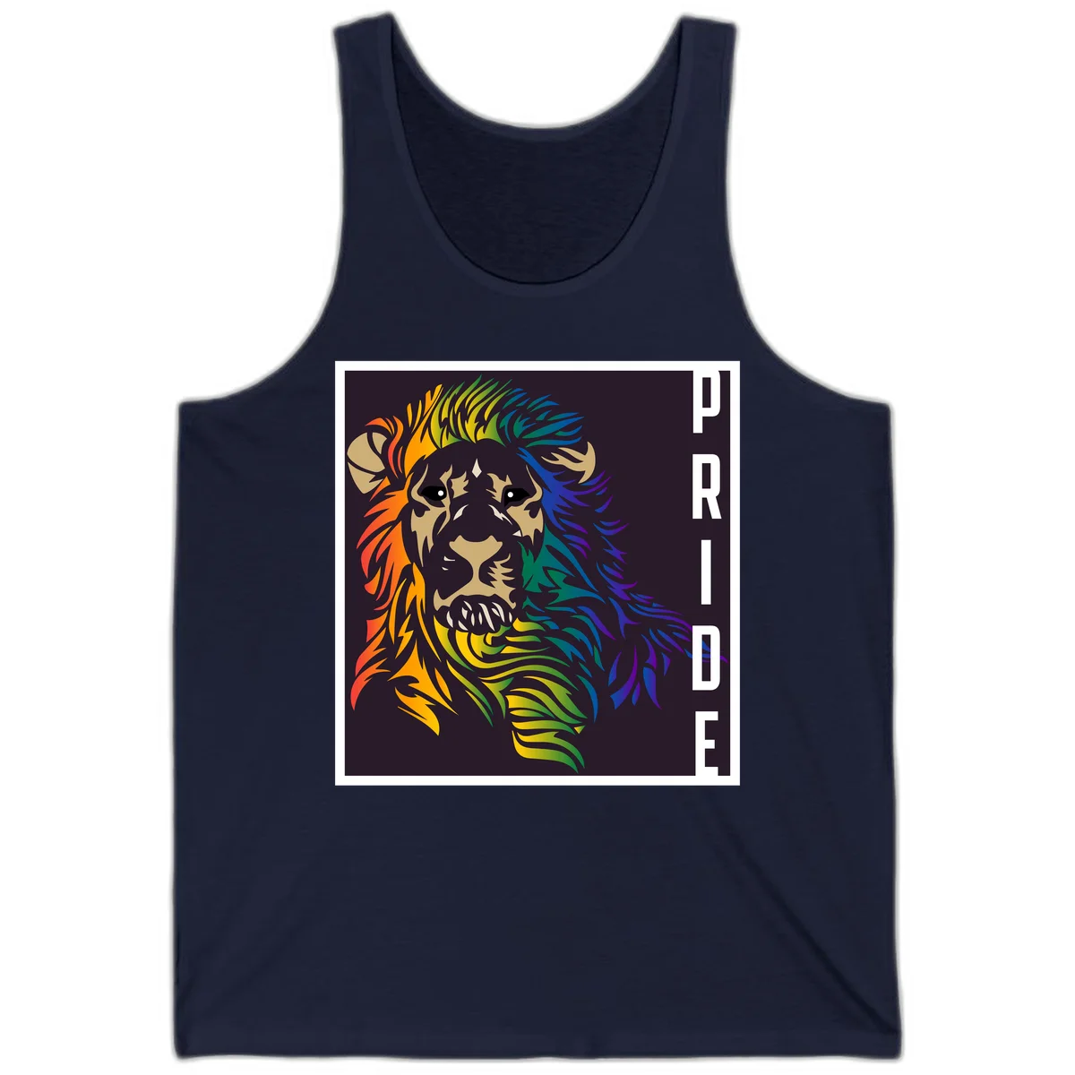 Rainbow pride lion with vibrant gradient mane in orange, yellow, green, blue and purple, with PRIDE text on dark background in Navy