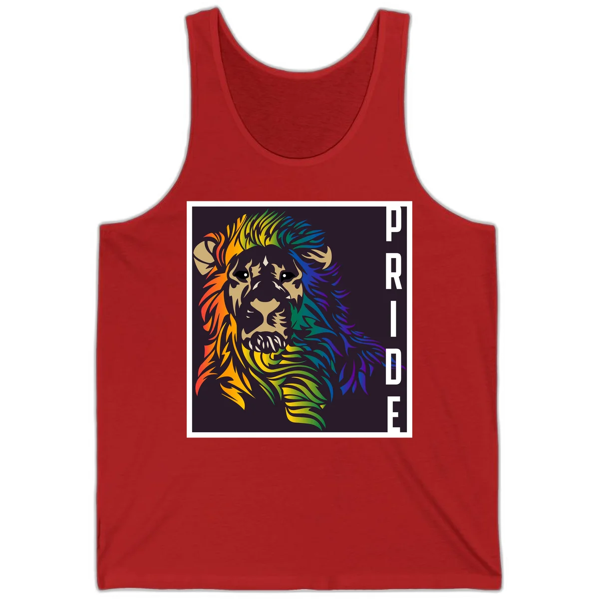 Rainbow pride lion with vibrant gradient mane in orange, yellow, green, blue and purple, with PRIDE text on dark background in Red