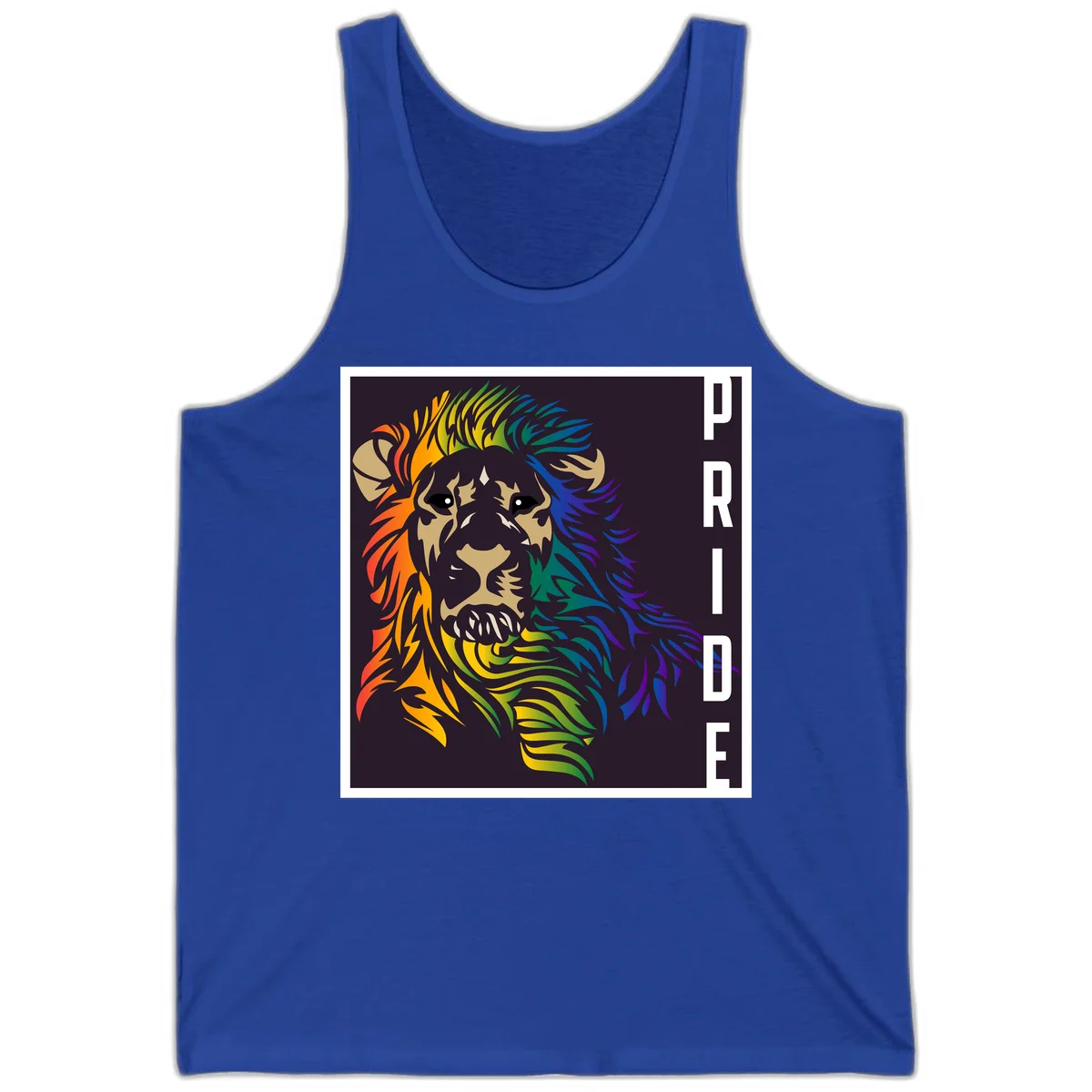 Rainbow pride lion with vibrant gradient mane in orange, yellow, green, blue and purple, with PRIDE text on dark background in True Royal