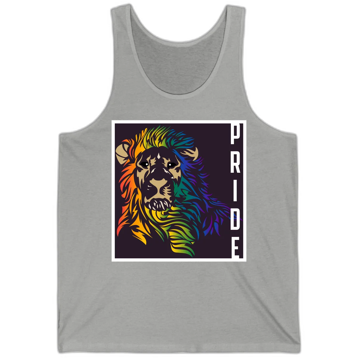 Rainbow pride lion with vibrant gradient mane in orange, yellow, green, blue and purple, with PRIDE text on dark background in Athletic Heather