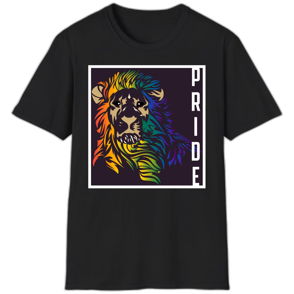 Rainbow pride lion with vibrant gradient mane in orange, yellow, green, blue and purple, with PRIDE text on dark background in Black