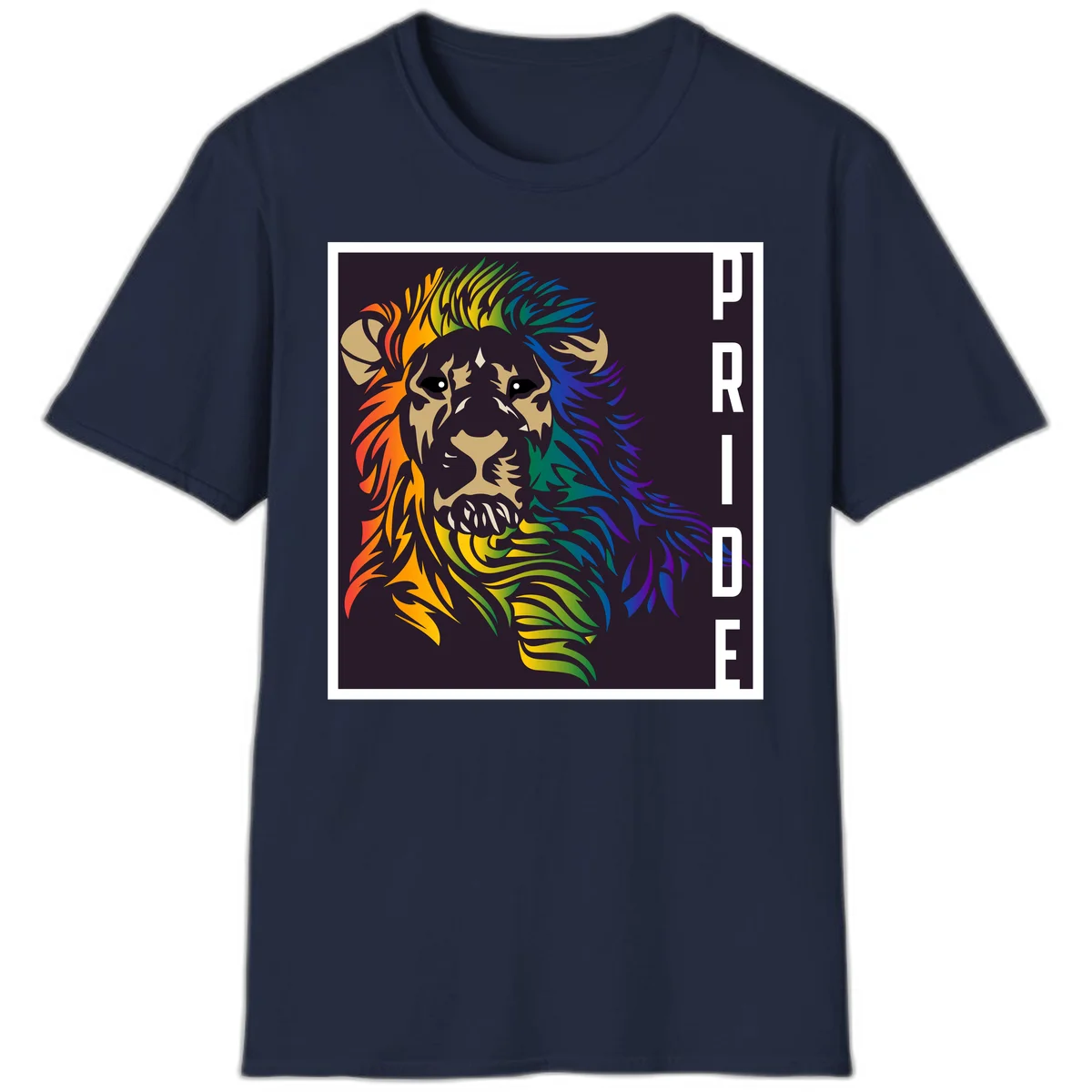 Rainbow pride lion with vibrant gradient mane in orange, yellow, green, blue and purple, with PRIDE text on dark background in Navy