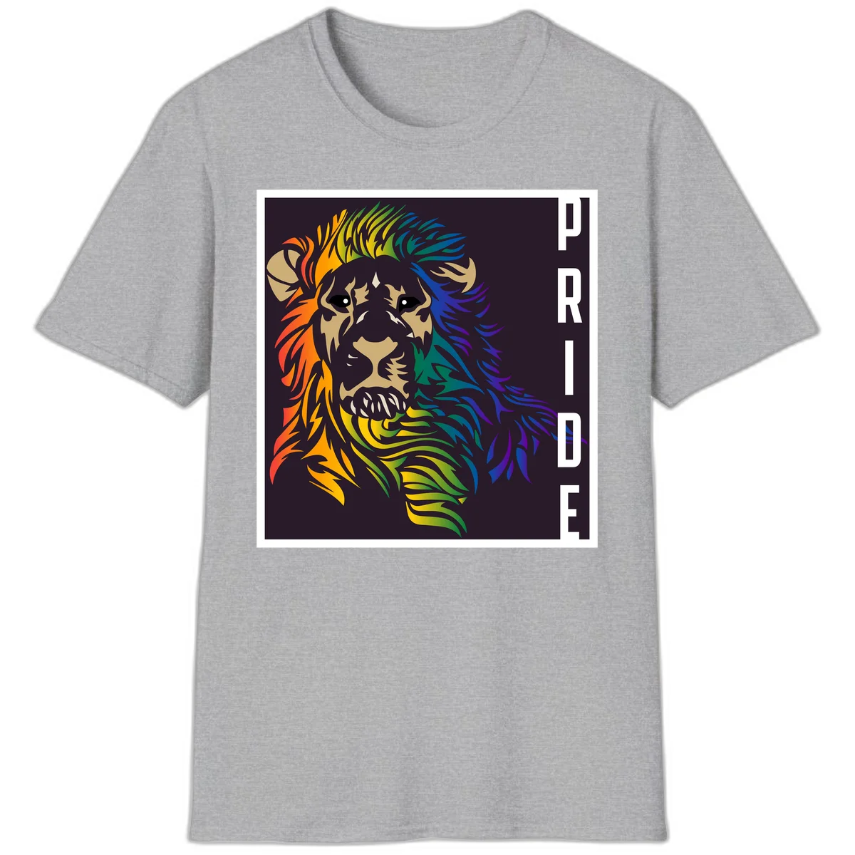 Rainbow pride lion with vibrant gradient mane in orange, yellow, green, blue and purple, with PRIDE text on dark background in Sport Grey