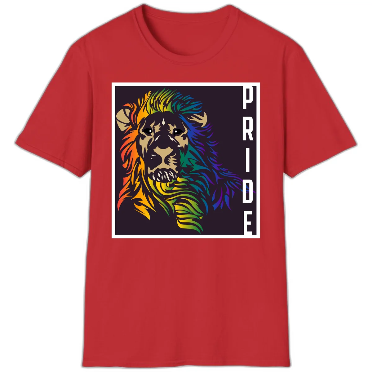 Rainbow pride lion with vibrant gradient mane in orange, yellow, green, blue and purple, with PRIDE text on dark background in Red