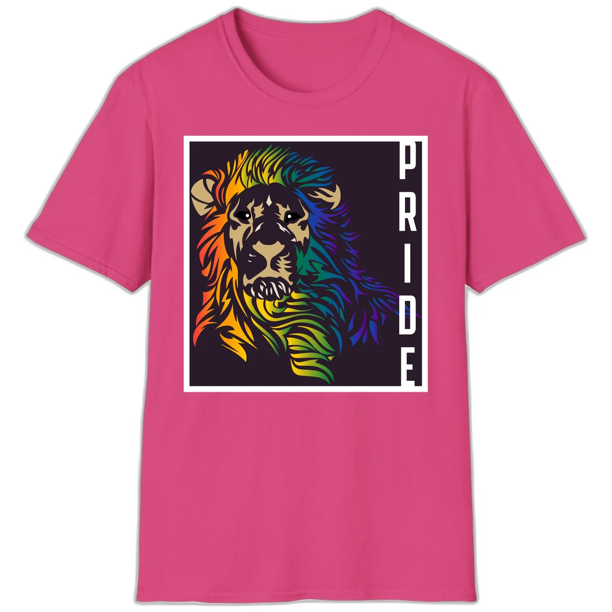 Rainbow pride lion with vibrant gradient mane in orange, yellow, green, blue and purple, with PRIDE text on dark background in Heliconia