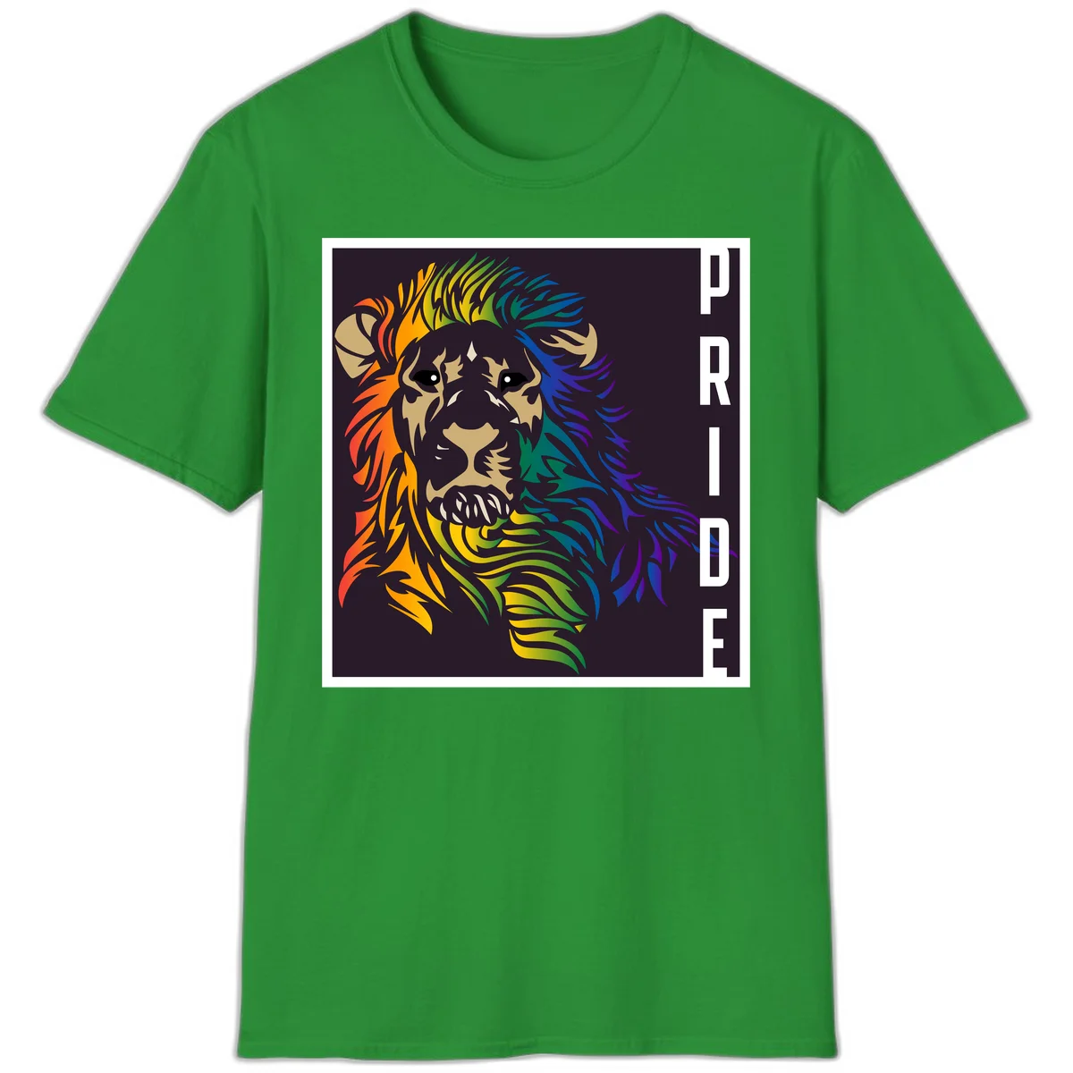Rainbow pride lion with vibrant gradient mane in orange, yellow, green, blue and purple, with PRIDE text on dark background in Irish Green