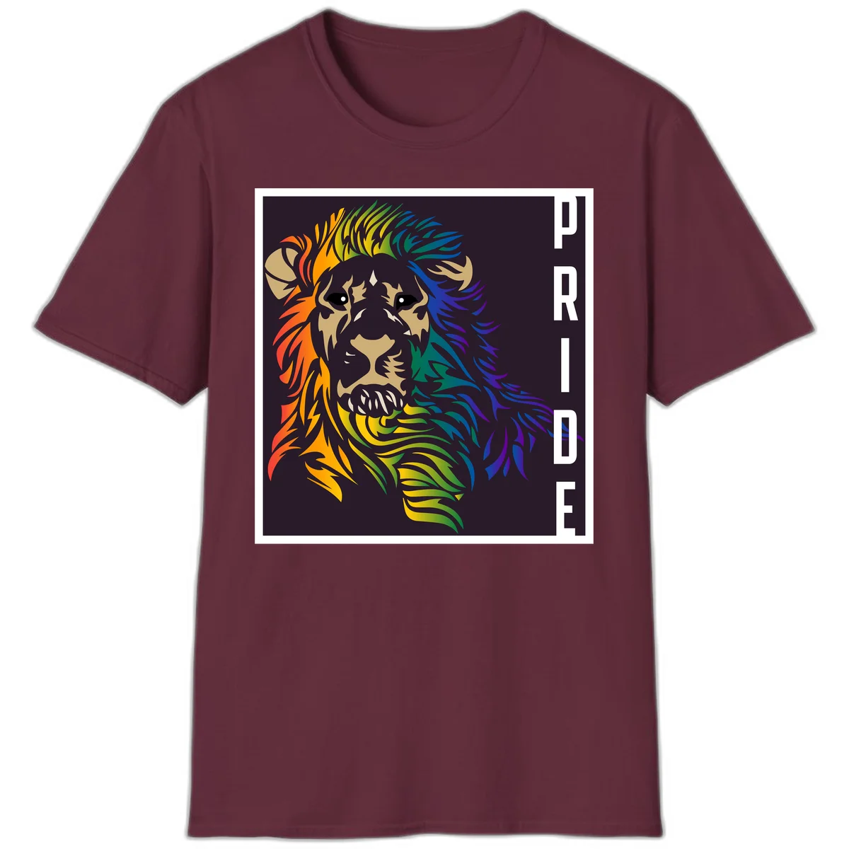 Rainbow pride lion with vibrant gradient mane in orange, yellow, green, blue and purple, with PRIDE text on dark background in Maroon