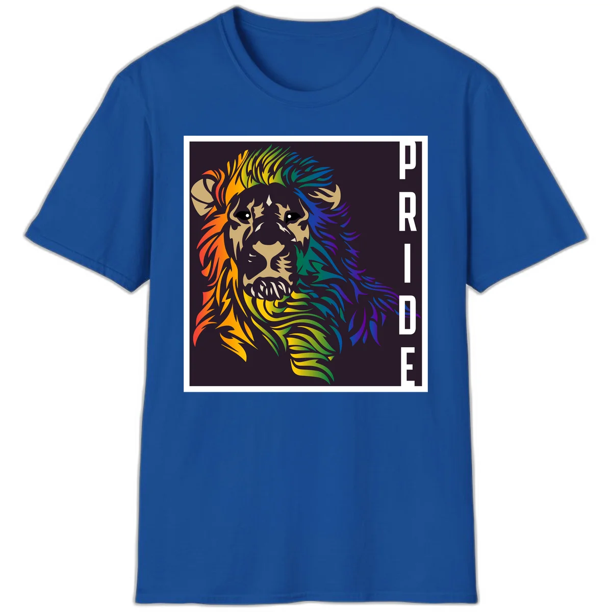 Rainbow pride lion with vibrant gradient mane in orange, yellow, green, blue and purple, with PRIDE text on dark background in Royal