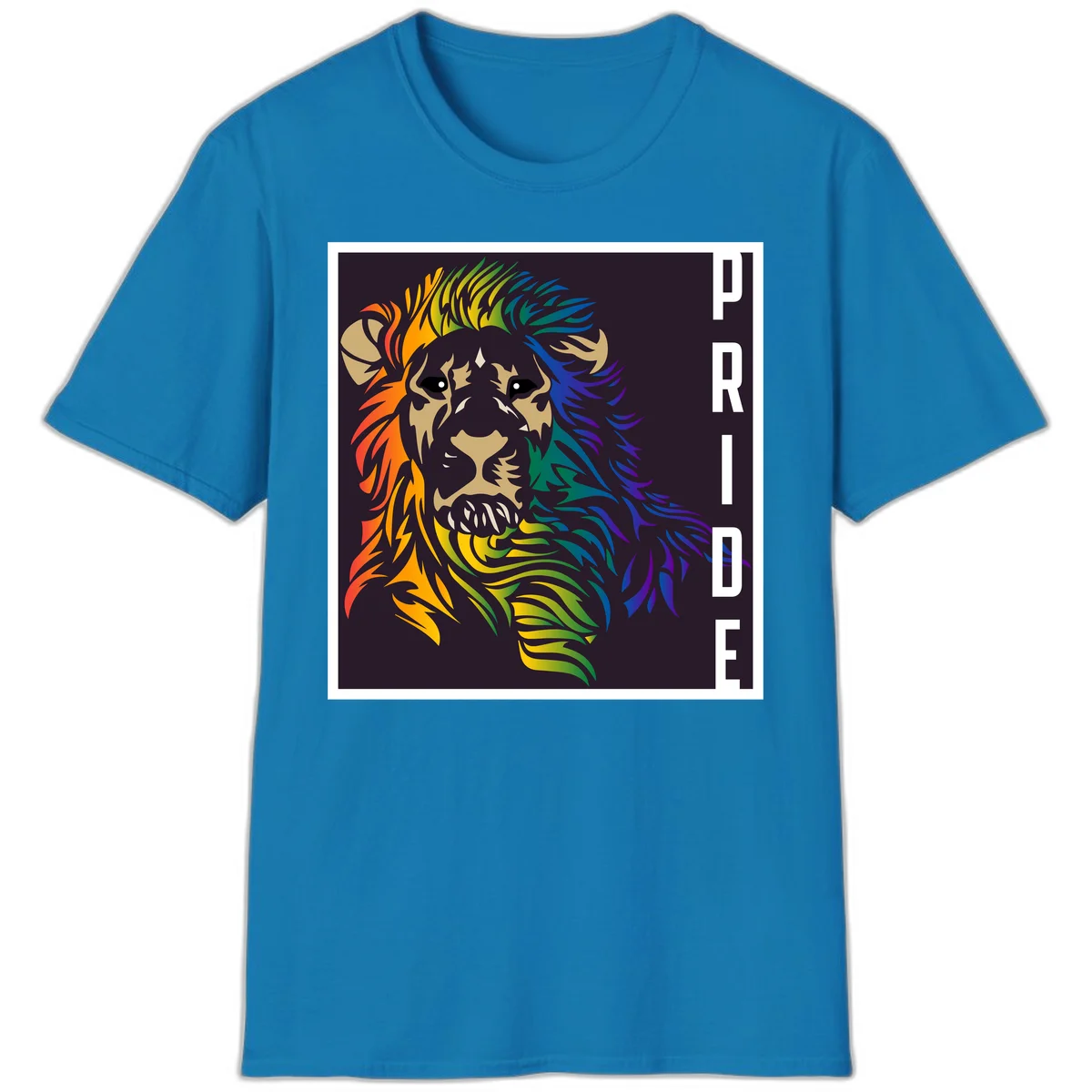 Rainbow pride lion with vibrant gradient mane in orange, yellow, green, blue and purple, with PRIDE text on dark background in Sapphire