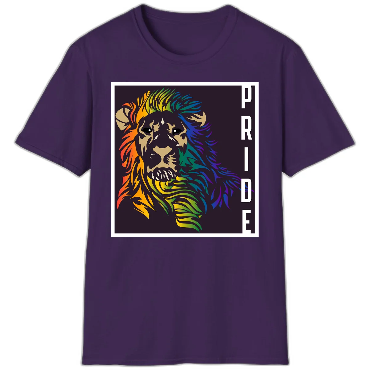 Rainbow pride lion with vibrant gradient mane in orange, yellow, green, blue and purple, with PRIDE text on dark background in Purple