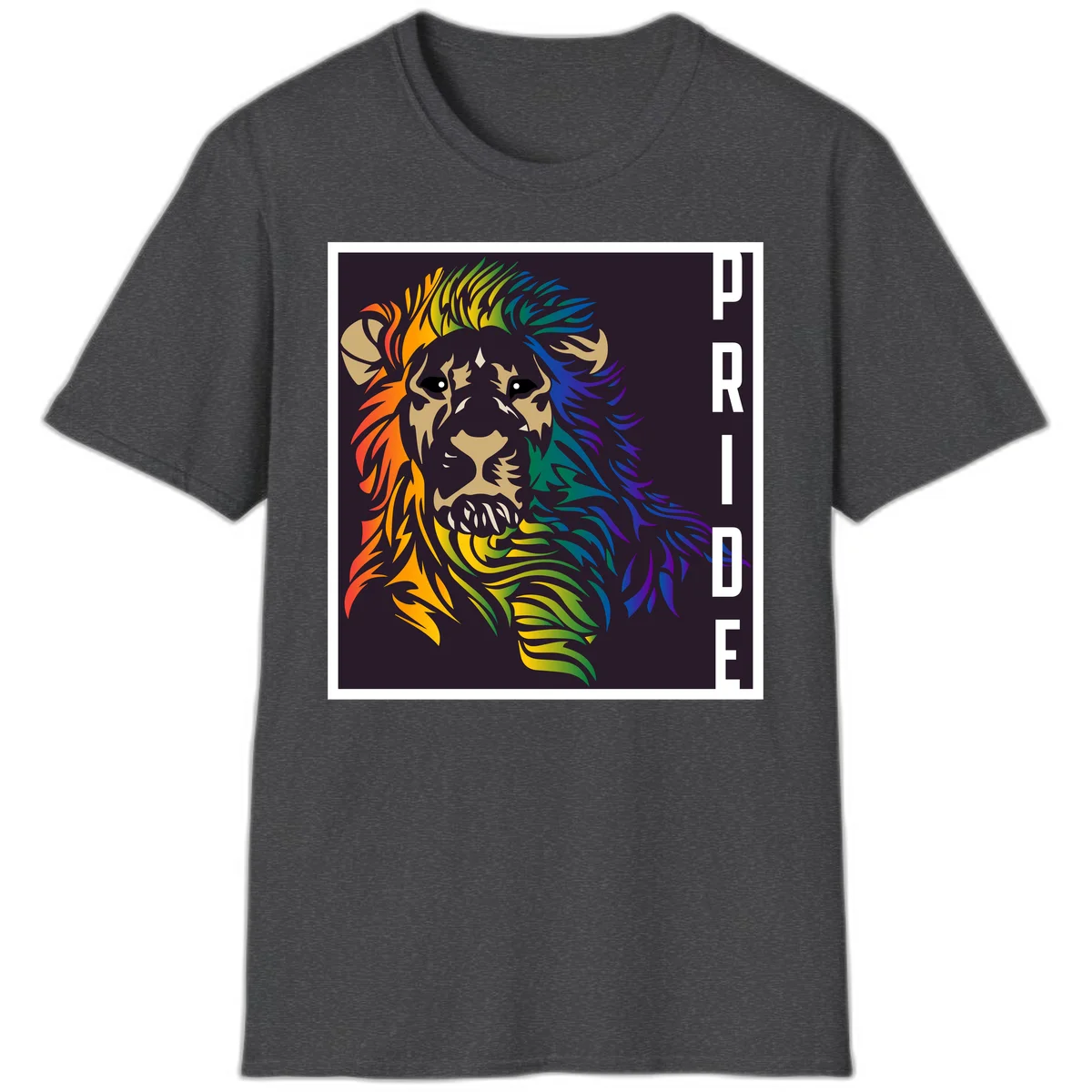 Rainbow pride lion with vibrant gradient mane in orange, yellow, green, blue and purple, with PRIDE text on dark background in Dark Heather