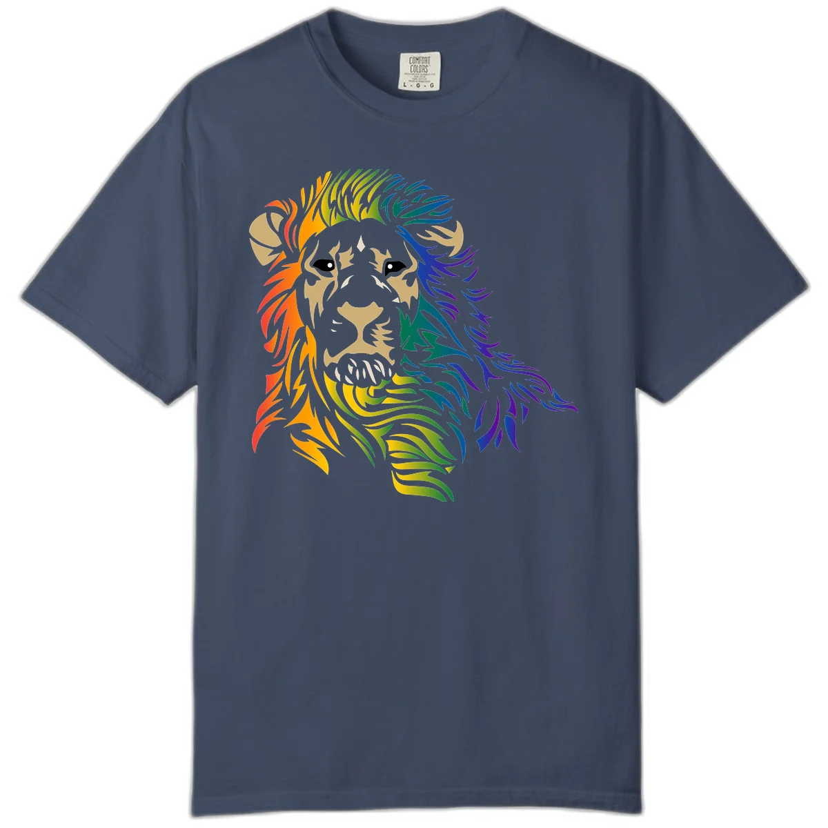 Rainbow lion head with gradient mane flowing from red through purple, featuring tan face with black eyes and detailed whiskers on gray background in Midnight