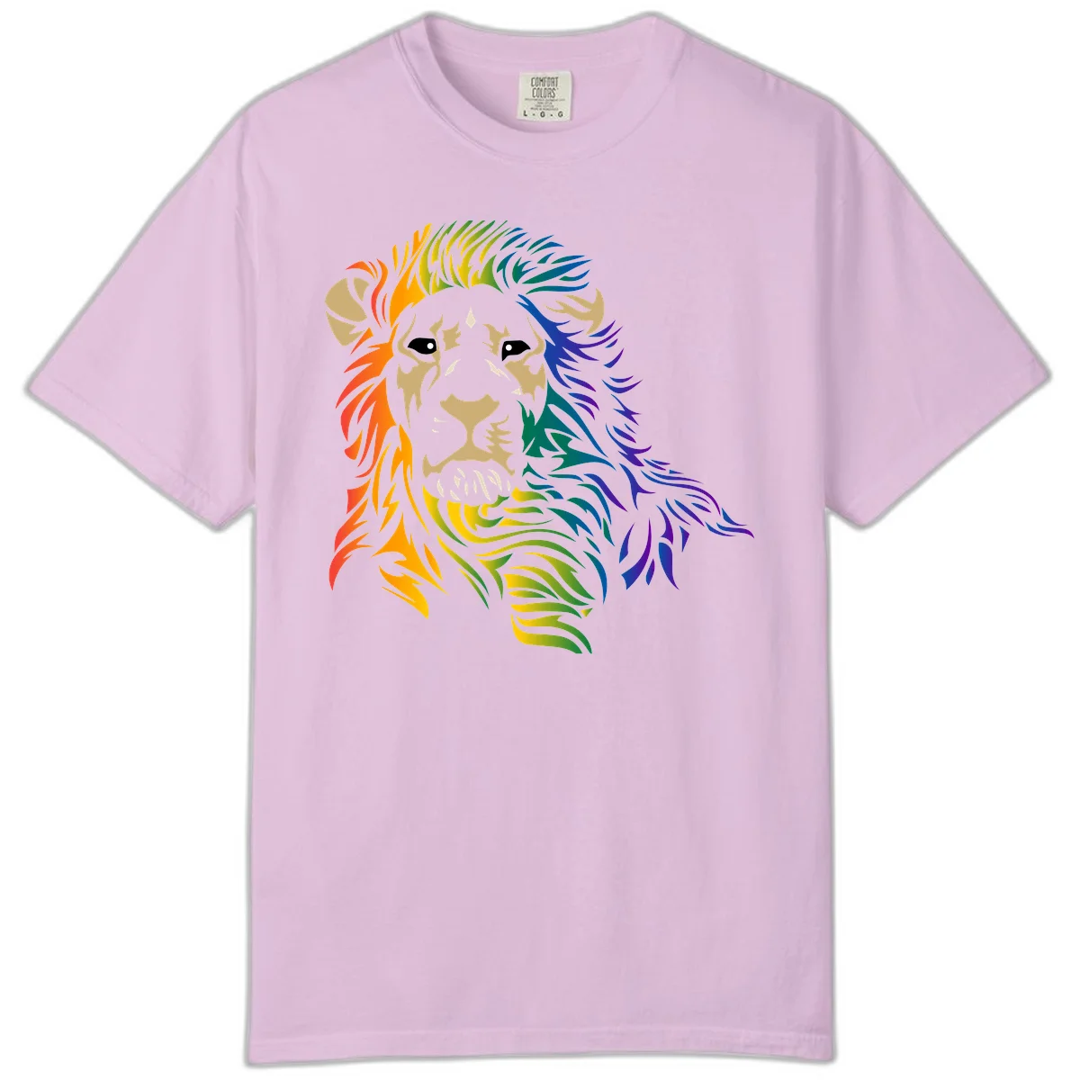 Rainbow lion head with gradient mane flowing from red through purple, featuring tan face with black eyes and detailed whiskers on gray background in Orchid