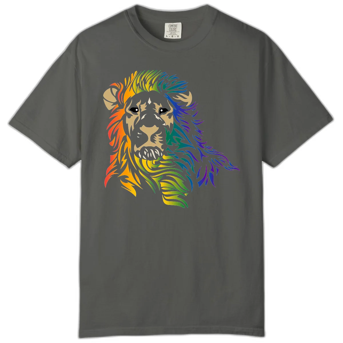 Rainbow lion head with gradient mane flowing from red through purple, featuring tan face with black eyes and detailed whiskers on gray background in Pepper