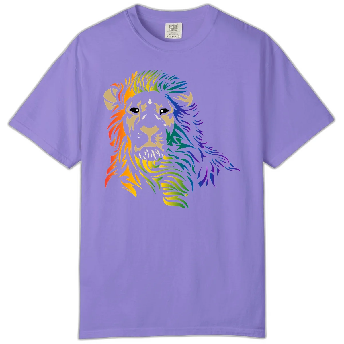 Rainbow lion head with gradient mane flowing from red through purple, featuring tan face with black eyes and detailed whiskers on gray background in Violet