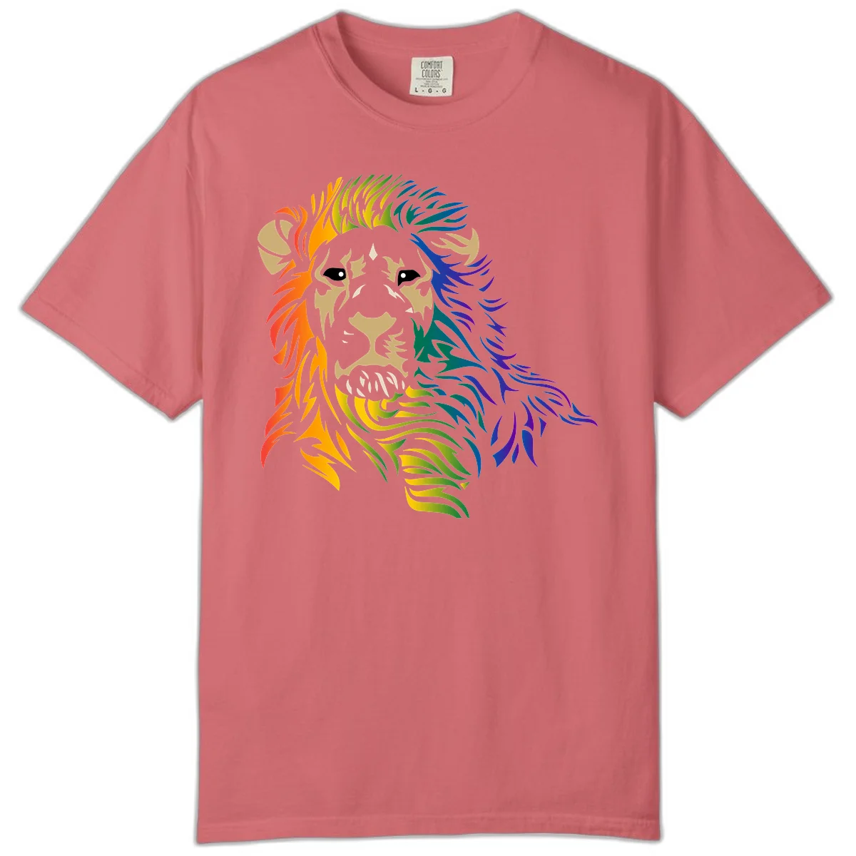 Rainbow lion head with gradient mane flowing from red through purple, featuring tan face with black eyes and detailed whiskers on gray background in Watermelon