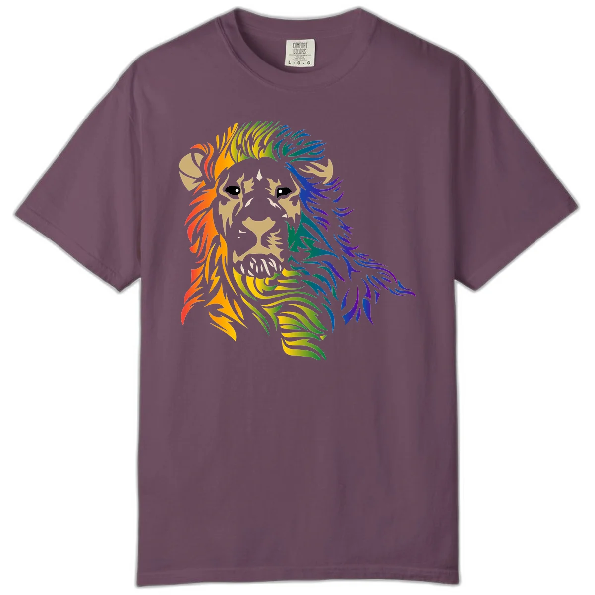 Rainbow lion head with gradient mane flowing from red through purple, featuring tan face with black eyes and detailed whiskers on gray background in Berry