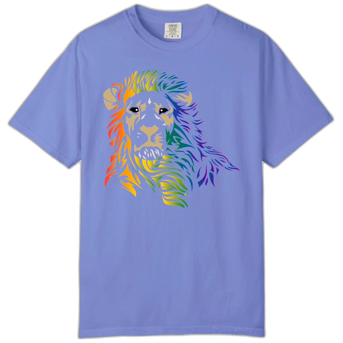 Rainbow lion head with gradient mane flowing from red through purple, featuring tan face with black eyes and detailed whiskers on gray background in Flo Blue