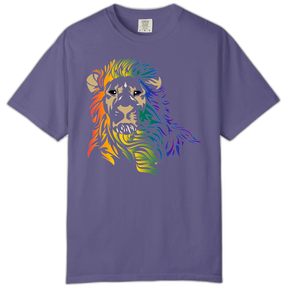 Rainbow lion head with gradient mane flowing from red through purple, featuring tan face with black eyes and detailed whiskers on gray background in Grape