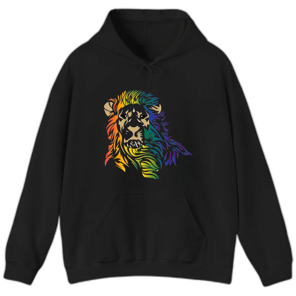 Rainbow lion head with gradient mane flowing from red through purple, featuring tan face with black eyes and detailed whiskers on gray background in Black